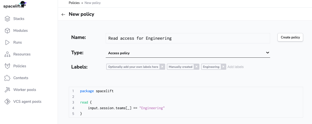 Define your policy, optionally add labels, and click Create policy.